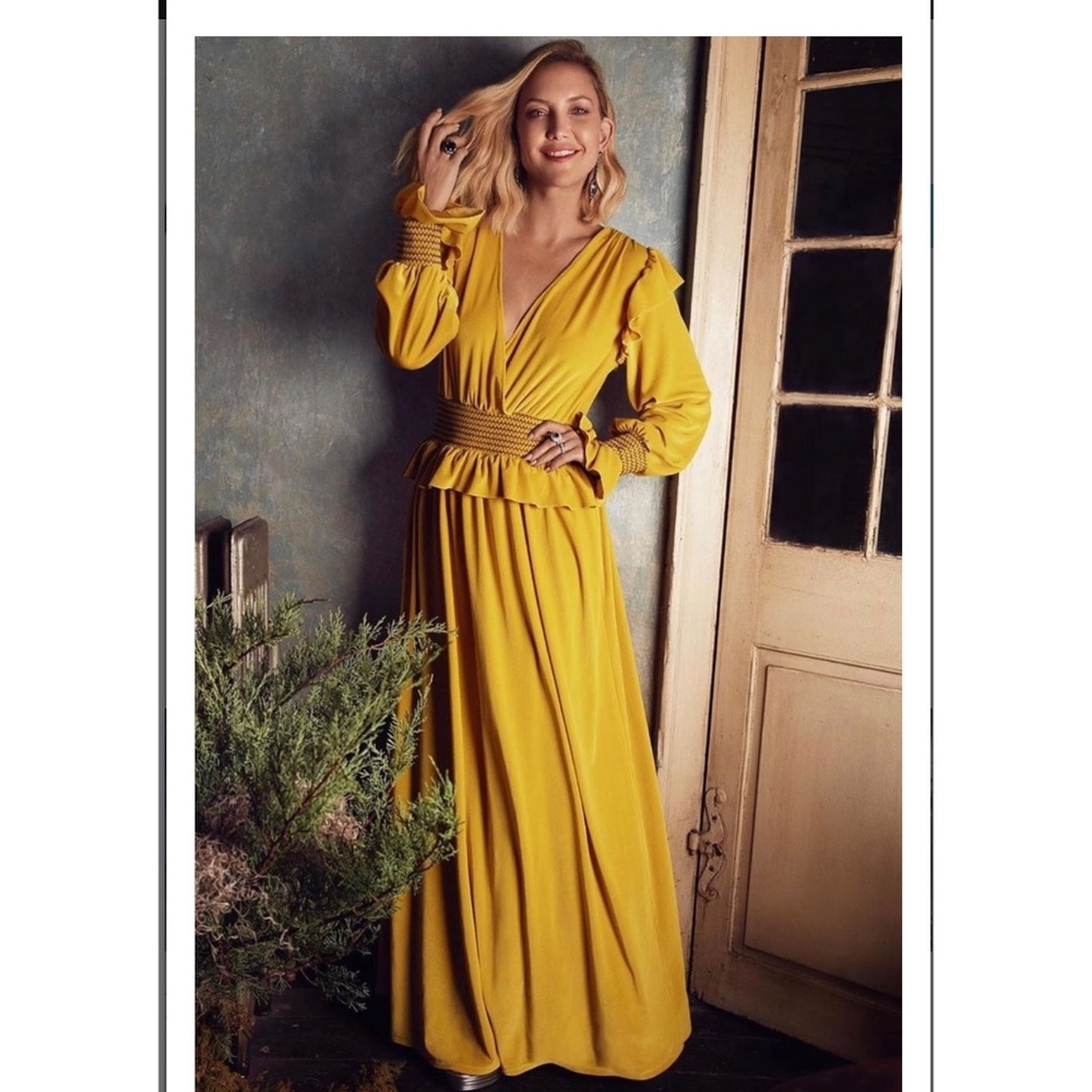 Happy Nature NWT Yellow Long Sleeve Velvet Peplum Top Maxi Dress, M